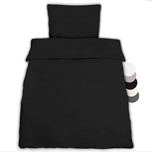 Beautissu 1er Set Renforcé Bettwäsche mit Bettbezug & Kopfkissenbezug | 155x220cm Kissenbezug 80x80cm Schwarz 2teilige kühlende Sommerbettwäsche Baumwolle 155x220 Baumwoll Julie