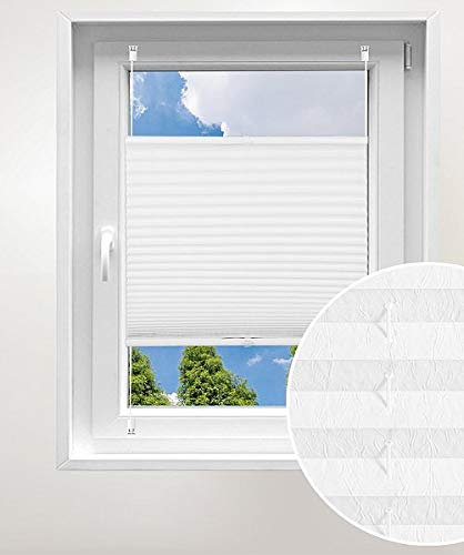 Laneetal Plissee ohne Bohren Klemmfix, Jalousie Faltrollo Crushed Optik, Weiß 75 x 220 cm, mit Spannschue für Fenster und Tür, Easyfix klemmträger und verspannt, Sonnen-, Sicht- & Schallschutz