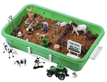 Farm Sand Play Set - Sensory Toys for Kids with 2 lbs of Sand, Farm Animals, Signs, Fences, Trucks and Farm Tools - 28 Farm Toy Figures with Container Storage for 3, 4, 5 Year Old Toddlers