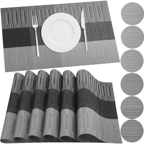 HEYOMART 6er Set Platzsets und Untersetzer, rutschfest Abwaschbar Tischsets, PVC Vinyl Hitzebeständig Platzdeckchen, Ideal für Küche, Party, Hochzeit usw, Grau & Schwarz
