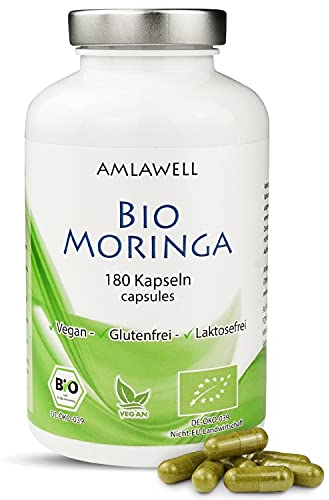 AMLAWELL Bio Moringa – 180 Kapseln (500 mg Moringa pro Kapsel) mit wertvollen Proteinen und Vitalstoffen