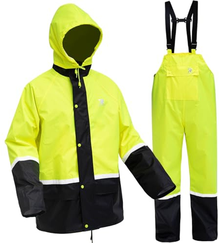 Rain Suits for Men Waterproof High Visibility Rain Gear Lightweight Rain Jacket with Bib Overalls Fishing Farming Golf(Fluorescent,3XL)