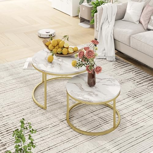 hitsuki Marmor Couchtisch Gold Couchtisch 2er Set mit 1 Großer Couchtische Rund und 1 Kleiner Tisch, Beistelltisch Weiss aus Metallgestell Wohnzimmertisch Modern, 80+60 cm