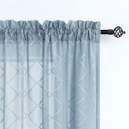 KOUFALL Grey Stone Blue Sheer Curtains 63 Inches Long for Bedroom Rod Pocket Geometric Diamond Embroidered Trellis Quatrefoil Patterned Vintage Slate Dusty Blue Gray Curtains for Living Room 2 Panels