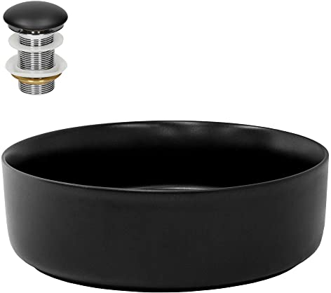 ML-Design Waschbecken aus Keramik in Schwarz matt Ø 360 x 120 mm mit Ablaufgarnitur, Runde Aufsatzwaschbecken, Moderne Waschtisch Waschschale Waschplatz Handwaschbecken, für Badezimmer/Gäste-WC