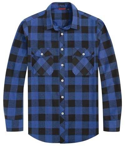 J.VER Checked Shirt Mens Blue Long Sleeve Cotton Flannel Lumberjack Shirt Regular Fit Button Down Casual Tartan Shirts L