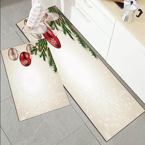 Küchenläufer Küchenmatte 2 Stück 45x70cm+45x120cm,Weihnachten, Abstrakt Festliche Feier Icons Bälle Nadelbaum Zweige Bow,Rutschfest Pflegeleicht, Anti-Müdigkeit Küchenteppich Teppich Läufer für Küche