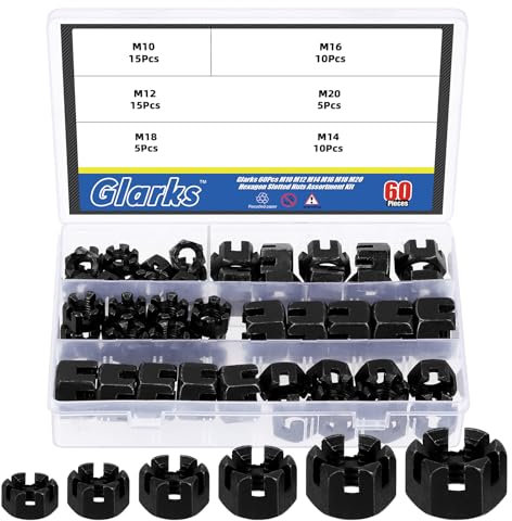 Glarks 60pcs M10 M12 M14 M16 M18 M20 zwarte zeshoekige gesloten moeren assortiment kit, 6 grootte koolstofstaal heks kasteel moeren voor auto Moto meubelbevestigingsmiddelen reparatie