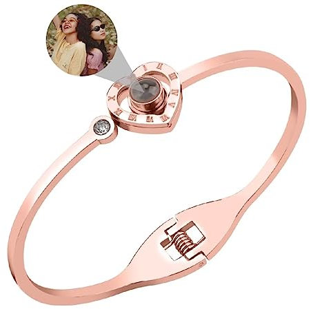 Liskanap Personalisierte Foto Armband Rund/Herz Projektion Armband mit Eigenen Bild im Stein Lupe Foto Armbänder Verstecktem Fotoarmband für Frauen Damen Freundschaft Silber Rose Gold Einstellbar
