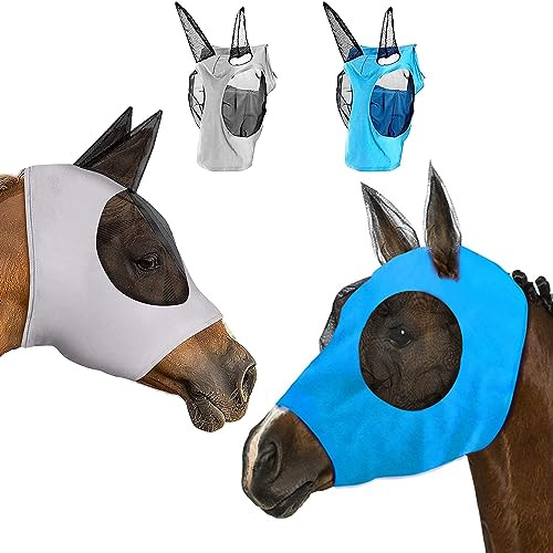 Fliegenmaske Pferd,2 Stück Fliegenmaske Mit Ohrenschutz,Fliegenmaske Pferd UV Schutz für Pferde Atmungsaktive Feine Mesh (Grau, Blau)
