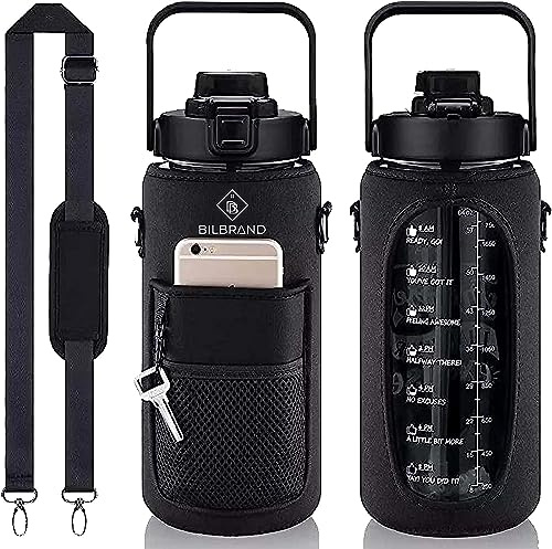 Bilbrand BPA frei Trinkflasche - Wasserflasche – 2000mL, 2L - Auslaufsicher, für Freizeit & Sport - inkl. Flaschenhalter mit verstellbarem Schultergurt (BB01 (Schwarz))