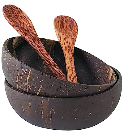 Generico ciotole in noce di cocco Set di 2 con cucchiai prodotto naturale alternativa plastica Fatto a mano e lucidato con olio 100% Naturale con posate in legno