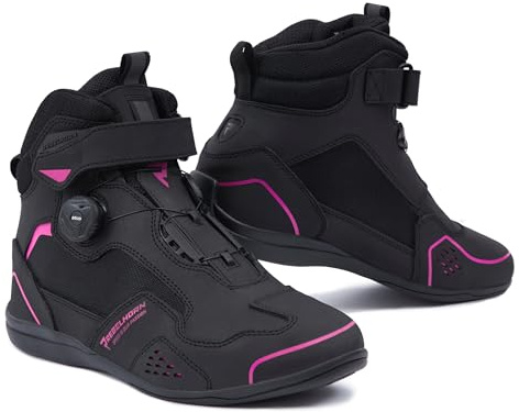 REBELHORN Spark II Motorcykelstövlar kvinnor och män | PU-läder | ATOP snabbt snörsystem | ankelskydd | förstärkta tår | mesh ventilationspaneler | storlekar upp till 48, svart rosa, 39 EU