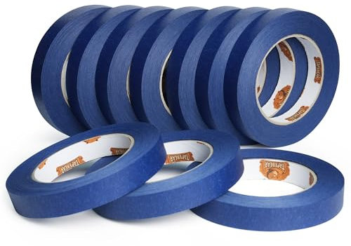 TAPEBEAR Lot de 10 rouleaux de ruban adhésif bleu résistant aux UV - Pour travaux de peinture, bords propres, aucun résidu - Ruban de masquage bleu étanche - 18 mm x 60 yards