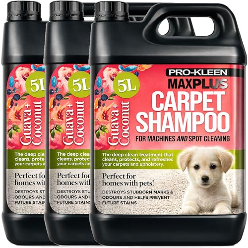 Pro-Kleen MAXPLUS Carpet Shampoo Cleaner – Premium Formula to Remove Dirt, Stains & Marks – Removes Pet Deposits & Odours – Suitable for all Machines (Coconut and Guava Fragrance, 3 x 5 Litres)