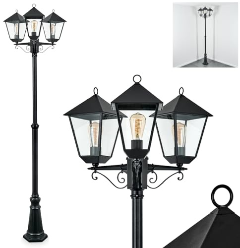 Außenwegeleuchte Anfei, Wegeleuchte aus Metall/Glas in Schwarz/Klar, Kandelaber in antikem Look, Höhe max. 240 cm, Landhaus Gartenbeleuchtung IP44, 3 x E27, ohne Leuchtmittel