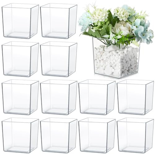 Tioncy 12 Pcs Cube Clear Flower Vase - 4'' x 4'' Acrylic Square Vase - Decorative Centerpiece for Plant, Wedding, Home, Office Floral Decor