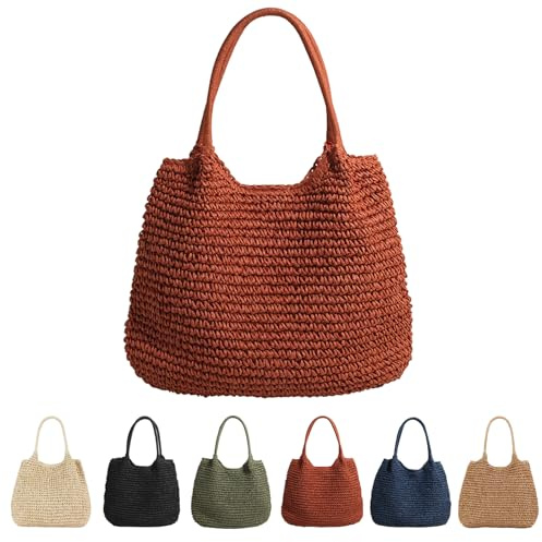CXINLky Damen Sommer-Strohtasche, Sommer Stroh Shopper Strohtasche Große Kapazität Strandtasche Boho Geflochtene Tasche Korbtasche Tote Bag Straw Beach Bag-Orange