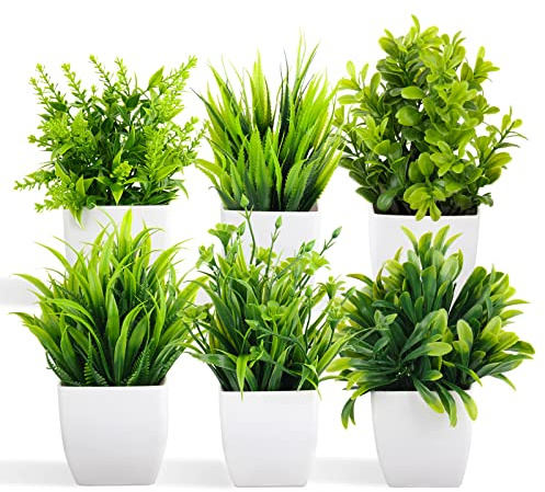 ZAOJUP 6 Stück Künstliche Pflanzen Artificial Plants Mini Fake Potted Plants Small Eucalyptus Potted Faux Decorative Grass Plant with White Pot for Home Decor, Indoor, Office, Desk, Shelf, Table