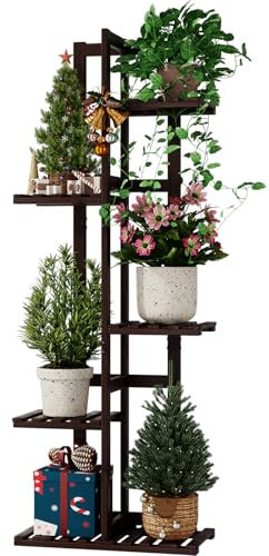 Bamworld Pflanzenständer Blumenständer Bambus Pflanzenregal Indoor Blumenregal Kleines Metall Blumenständer für Terrasse, Garten, Balkon, Wohnzimmer, Schlafzimmer (Kaffeebraun-5 Etagen)
