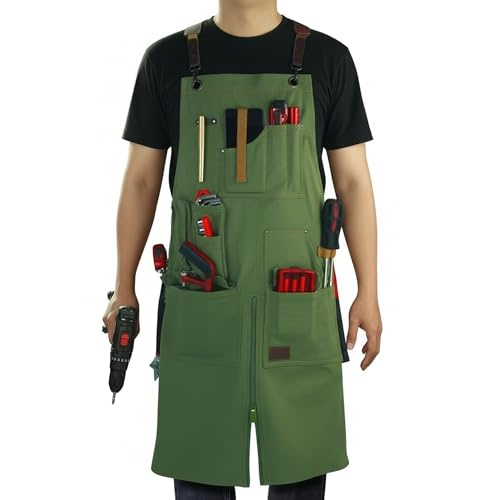 Stenffy Work Apron, Canvas, Adjustable Weight, Tool Aprons with Multiple Pockets, Adjustable Zipper, Metal Ring, Tape Measure Clip for Men Women 27In*36In (Olive)