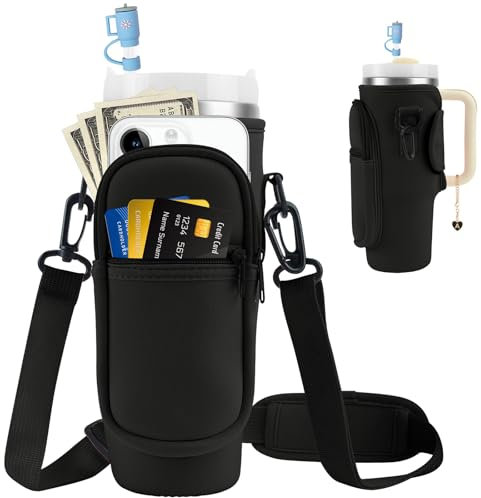 GmwyCzV Bolsa Botella Agua Stanley Cup de 40 oz, con Bolsillo Teléfono Móvil et Correa Ajustable, Bolsa Transporte Stanley Cup 40 oz, Accesorios Stanley Cup, para Viajes, Senderismo, Correr (Negro)