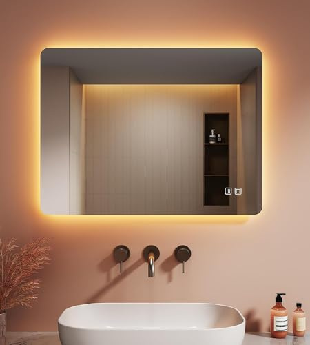 LOMIKEN Badezimmerspiegel mit Beleuchtung, 80 x 60 x 3.5 cm，Wandspiegel mit 4 mm kupferfreiem Glas, Aluminiumrahmen，Vertikal/Horizontal，3 Farben dimmbar Touch-Schalte