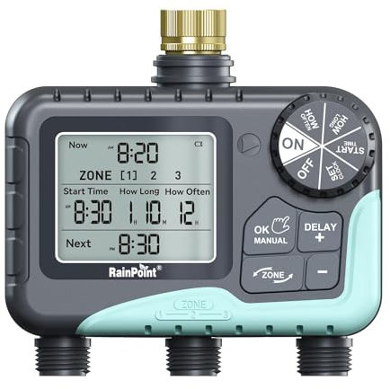 RAINPOINT Water Timer 3 Outlets with Brass Inlet, Automatic prinkler Timer with Rain Delay/Manual Watering/large LCD display, Garden Smart Irrigation Time for Yard, Lawn