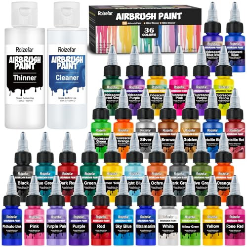 Roizefar Airbrush Farbe, 36 Farben mit 120 ml Verdünner und 120 ml Reiniger, Metallische Airbrush Farben Acryl, Wasserbasierte Luftbürste Farben für Anfänger, Künstler, DIY-Projekte, 20ml/Flasche