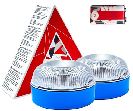 MAGIC SELECT 2x Luz Emergencia V16 para Señalización en Carretera de Coche y Moto. Luz Amarilla Intermitente, Base Imantada y Pila 9V 6LR61 Incluida.