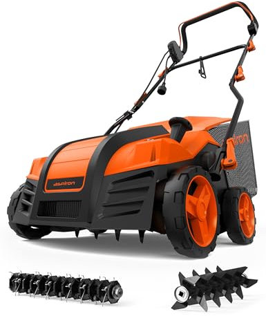 16-Inch 15 Amp Electric Dethatcher Scarifier, Lawn Dethatcher with 5-Position Depth Adjustment, 14.5 Gal Removable Thatch Collection Bag, Quick-Fold, Keeps Lawn Health, Orange