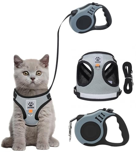 Pettorina Gatto, Guinzaglio per Gatti Allungabile, Antifuga Pettorina per Gatti Piccola con Rivestimento Riflettente Guinzaglio per Cuccioli Passeggiate all'aperto in Maglia Traspirante (Grigio, S)