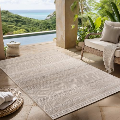 Carpettex Outdoor Teppich wetterfest Beige 120x170 cm, UV-beständig, ideal für Küche, Balkon, Terrasse, Garten auch Wohnzimmer und Esszimmer, Skandinavisches Boho-Design