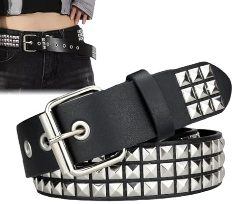 Ceinture punk à rivets pour homme et femme – Ceinture réglable en cuir synthétique avec clous carrés en métal | Bellt de mode gothique | Beelt clouté pyramide | Streetwear Rock Emo Style Ceinture