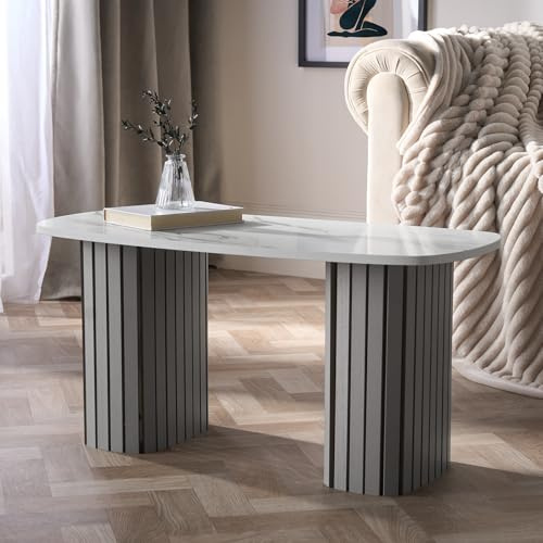 OHS Wooden Coffee Tables for Living Room, White Top Marble Coffee Table Grey Madison Ribbed Wood Frame Decorative Small Centre Table for Home Office, 85 x 40 x 41cm