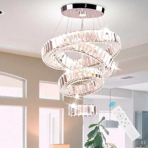 FRIXCHUR 4 Ring Dimmable LED Crystal Chandelier Ceiling Light Modern Adjustable Pendant for Living Room Dining Room Bedroom