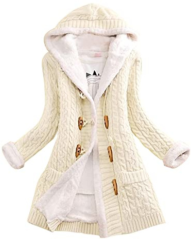 Veste en tricot longue pour femme avec capuche, veste en polaire avec boutons en corne en peluche doublée en épaisse maille en tricot, veste à capuche en peluche teddy, veste en peluche douce en