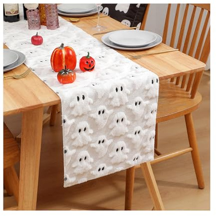 33 x 93 cm Halloween Geister Tischläufer, GhostTischläufer für Party Esstisch Dekor, Küche Esstisch Dekoration, Weiß Tischläufer mit Geister-Motiv, Dreidimensionale Tischdekoration