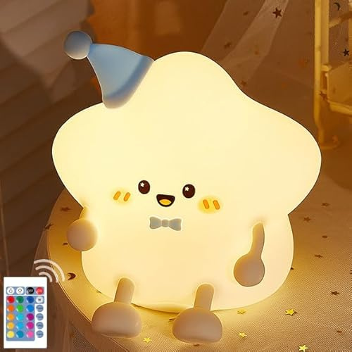Wixzor Luz nocturna para niños, 7 colores, luz nocturna de silicona suave para niños con 3 niveles regulables antideslumbrante forma de Estrellas, lámpara de noche táctil Bebe Recien Nacido