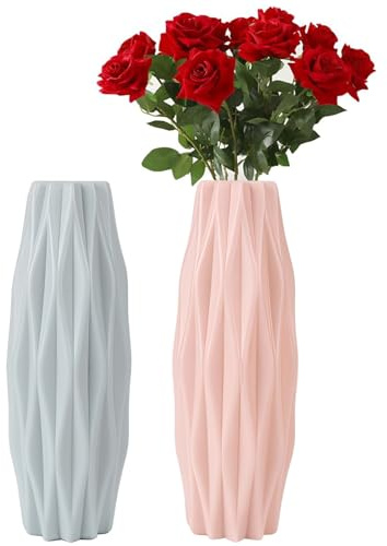 Senshuomy Plastic Vases 2-Pack, Nordic Geometric Flower Vases, Unbreakable Desktop Decor, Blue & Pink Set(Green and Pink)