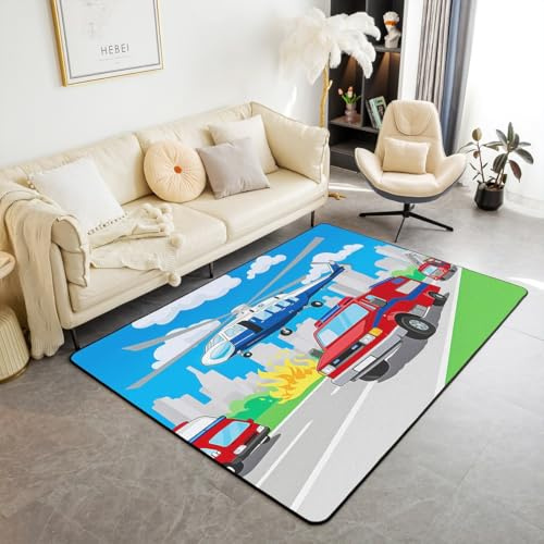 Homewish Kinder Teppich Polizei Feuerwehr Motiv,Hubschrauber Fahrzeug Feuerwehr Teppiche Wohnzimmer für Jungen Jugendliche,Flamme Blauer Himmel Weiße Wolke Hochhäuser Carpet 150x200 Pflegeleicht