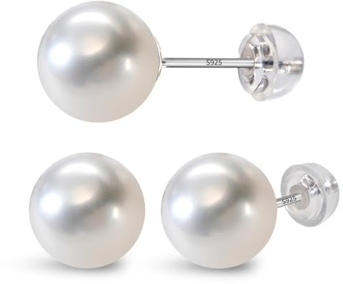 Nacréliser Natural Freshwater Pearl Stud Earrings, 10-11mm White AAA+ Grade, 925 Sterling Silver, Hypoallergenic Push Back Closure