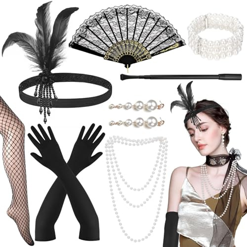 PokeAir 20er Jahre Kostüm Damen, 10 Stück 1920er Accessoires Damen mit Ohrringe Kopfschmuck Halskette Armband Fächer Handschuhe Pfeifenstab Seidensocken, für Halloween, Maskeraden und Karnevalspartys