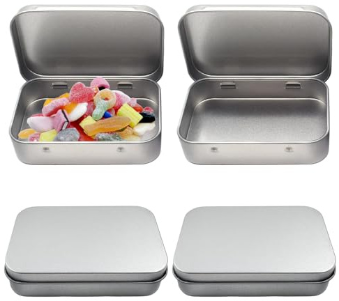 4 PCS Metal Storage Boxes with Lid, Silver Small Rectangular Storage Container Boxes, Tins Mini Portable Boxes Storage Kit for DIY, Gift Cards,Candy,Earring,Coin,Small Items (9.5 x 6 x 2.2cm)
