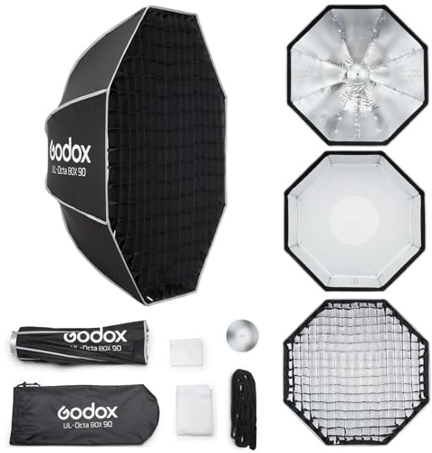 Godox Softbox UL-Octa Box 90cm Bowens Mount Softbox, 35.4 Quick Release Octagon Regenschirm Softbox mit Diffusorplatte, Kantenmaske & Grid, Professioneller Lichtformer für Porträt & Studio
