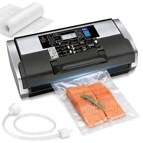 95 kPa Vacuum Sealer Machine, Food Vacuum Sealer with Double Heat Seal 230W 10-In-1 Multi Modes Food Sealer Vac Pack Machine Set with Cutter, 1 Bag Roll & 15 Precut Bags and Accessory Hose