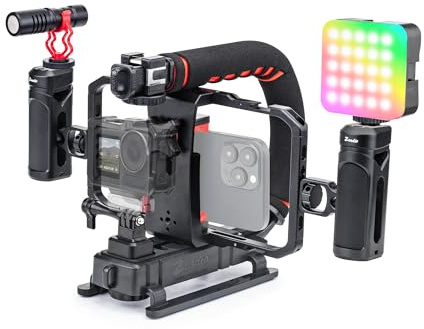 Zeadio Kit stabilizzatore per fotocamera per smartphone, portatile con supporto video portatile con gabbia in alluminio Smarphone, luce video RGB e microfono per tutte le fotocamere DSLR, ecc