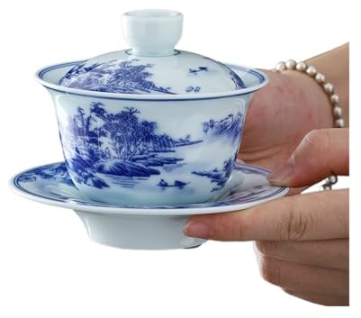 Retro Chino Sancai Gaiwan Azul Y Blanco Sopera De Té Cerámica Juego Tazas Porcelana Hecha A Mano Gongfu Tazón La Elegancia Es Atemporal(B)