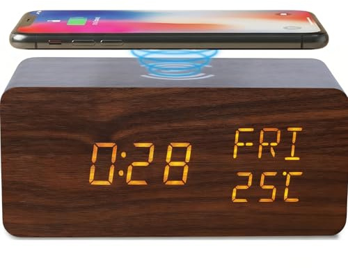Alarm Clock Bedside Wireless Charger 2-in-1, 15W Fast Wireless Charging Alarm Clock Sound Control, LED Display with Temperature & 3 Brightness Levels, Smart Digital Clock for Bedroom/Office/Dorm