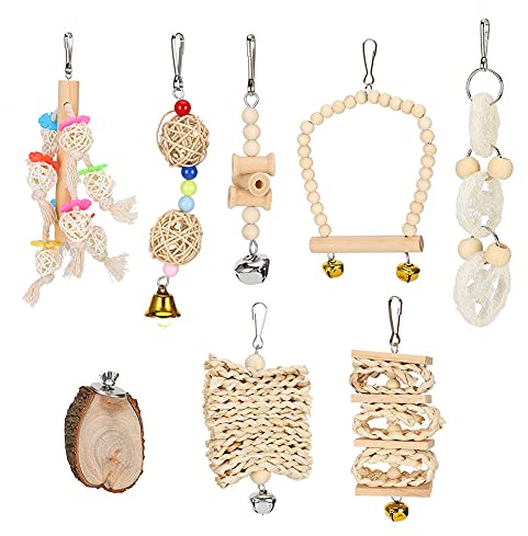 Pyltha Juguetes para Pájaros de Madera y Paja, Set de 8 Piezas Coloridas - Estimula el Juego y Masticación, Fácil Instalación en Jaulas para Loros y Periquitos